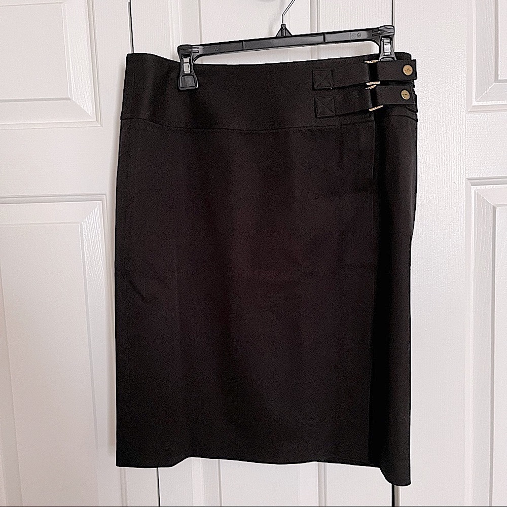 Lauren by Ralph Lauren- Black Pencil skirt with brass side closure details.